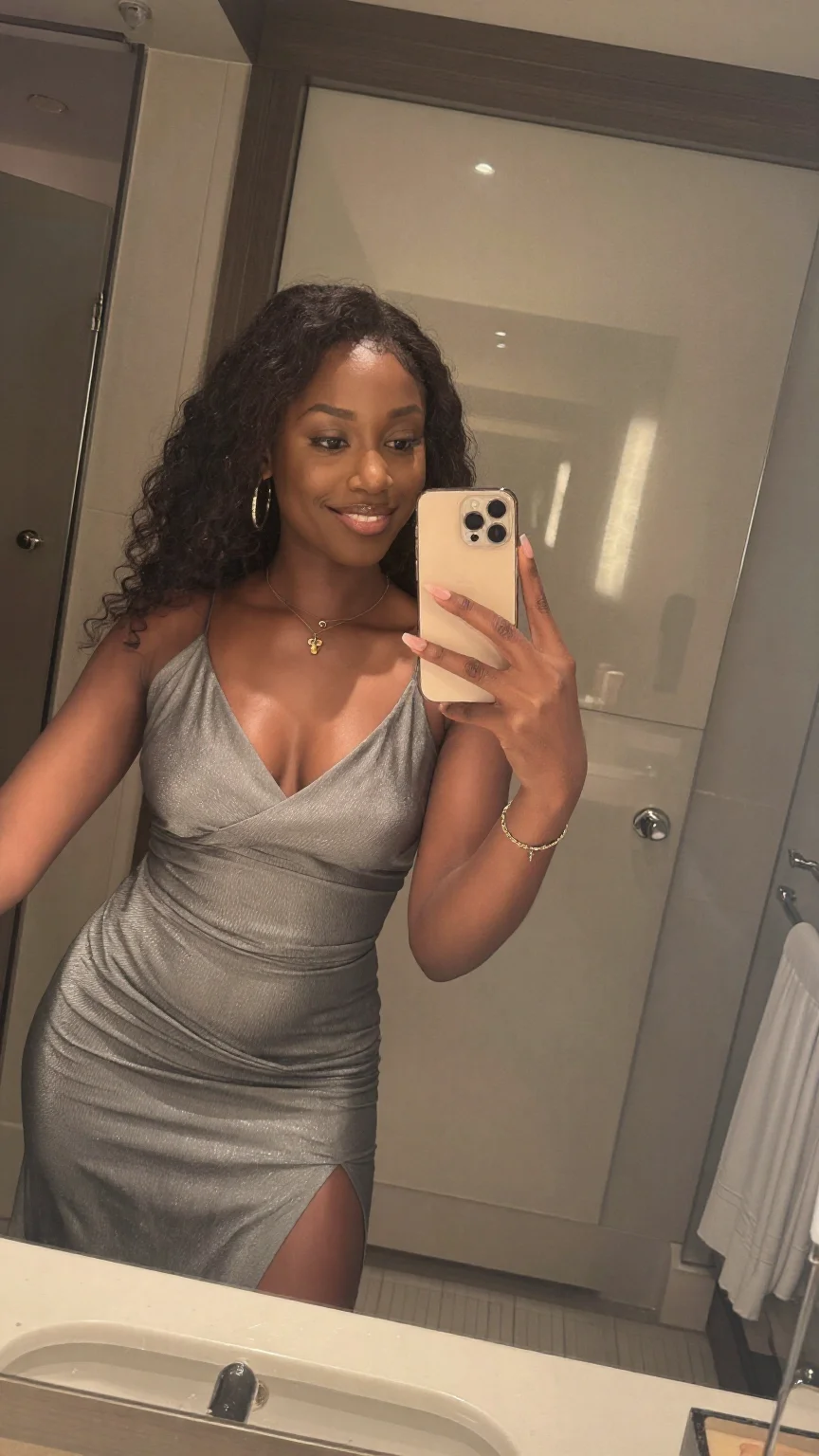 Ebony woman mirror selfie in silver dress