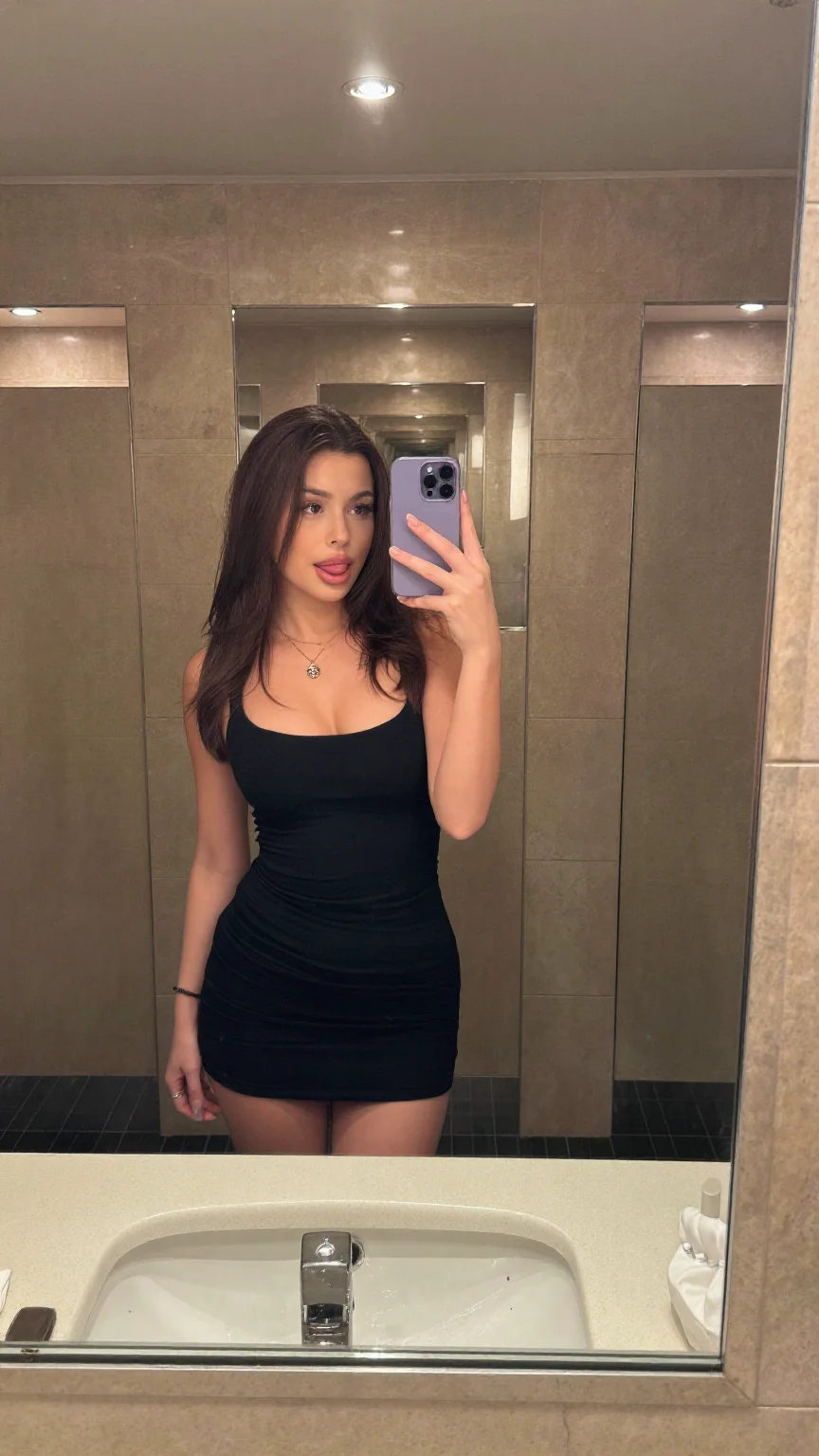brunette mirror selfie in black dress in restaurant bathroom