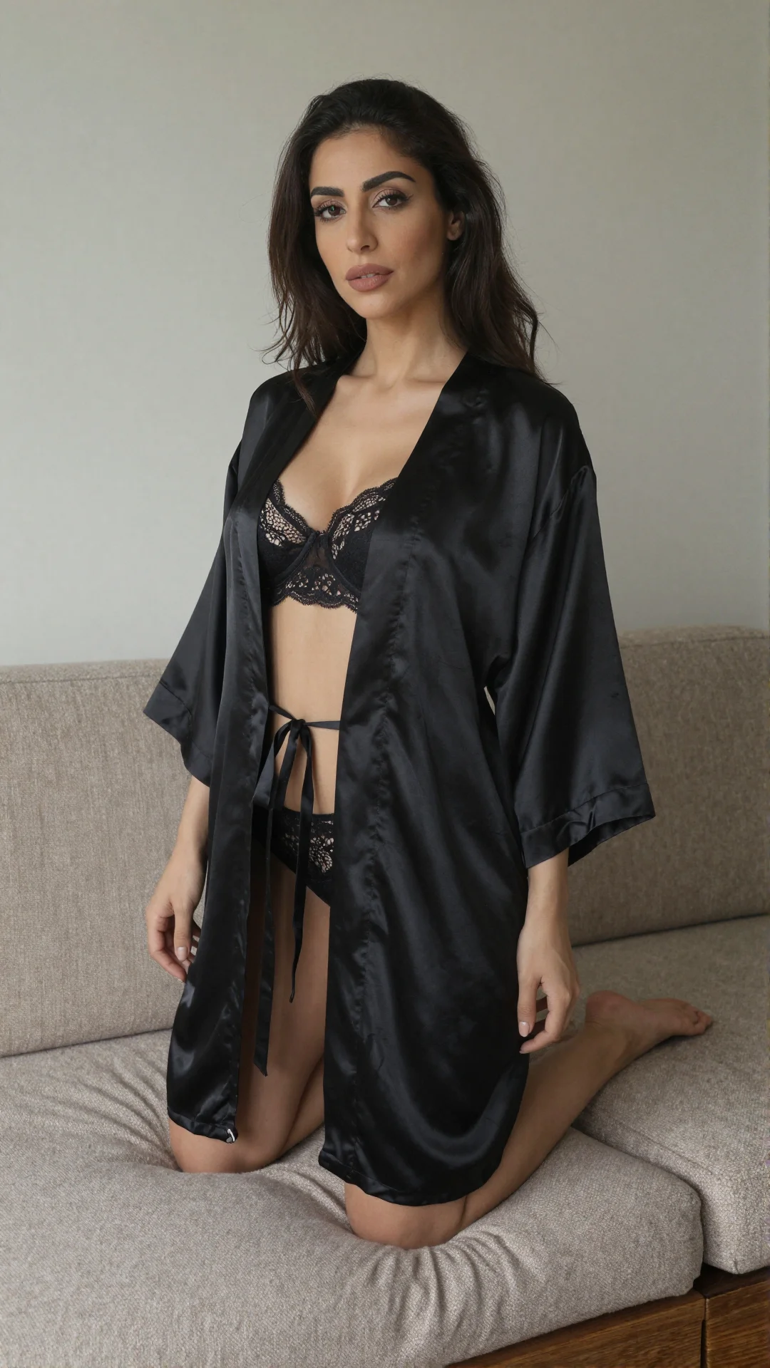 Middle Eastern woman in black silk robe on an apartment sofa